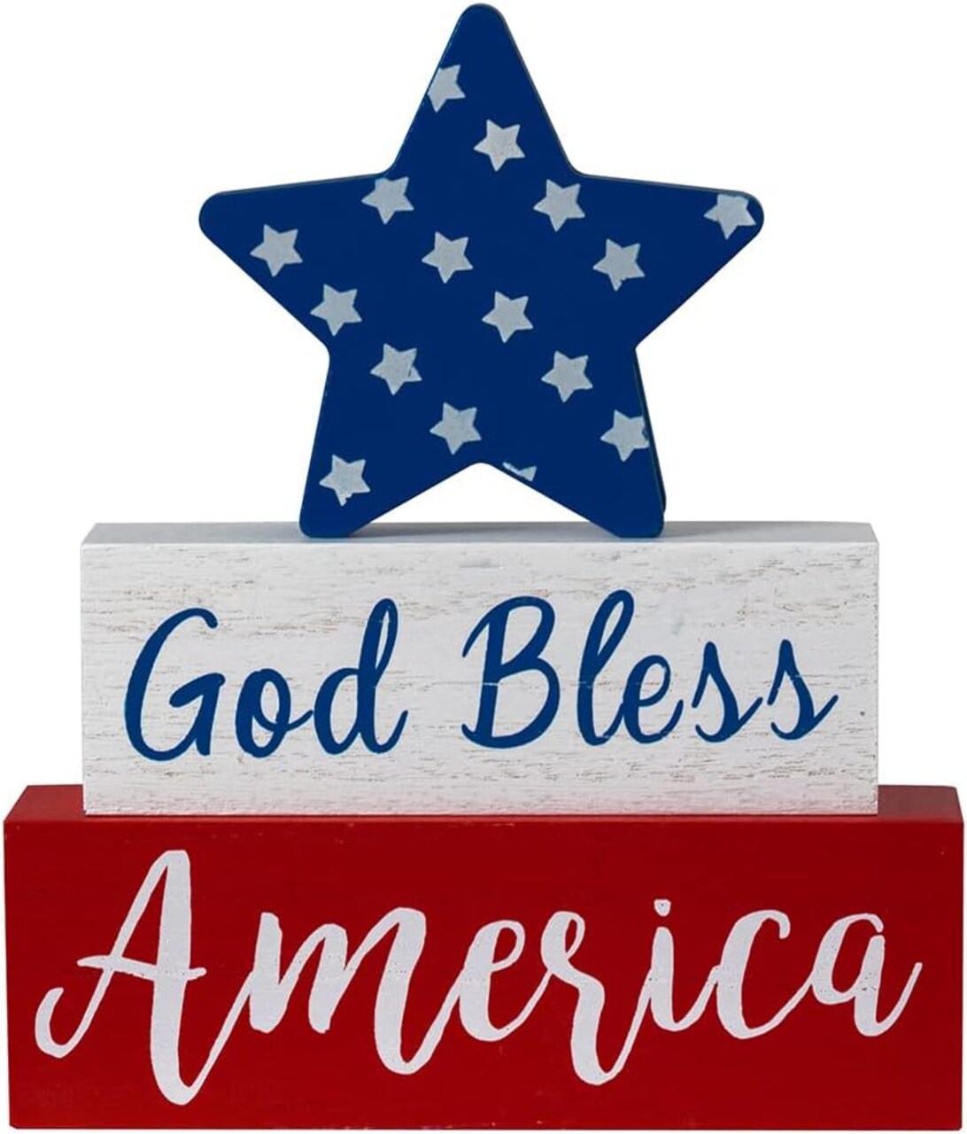 Memorial Day Decorations, 4th of July Decorations, God Bless America Wooden Block Sign with Star, Patriotic Independence Day Decor for The Home, Tiered Tray, Shelf, Table, Tabletop, Mantel